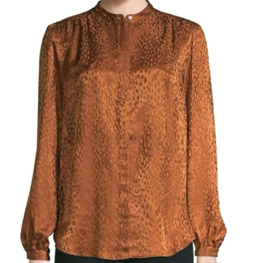 ALC Silk Animal Print Blouse Mandarin Collar Long Sleeve Chic Button Down Work 8 - Picture 15 of 16